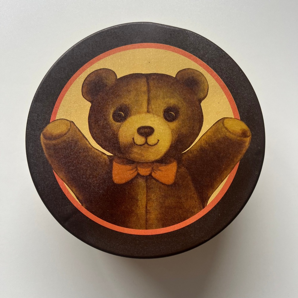Vintage 1983 Chein Industries Teddy Bear Tin Container Round Metal Storage Box